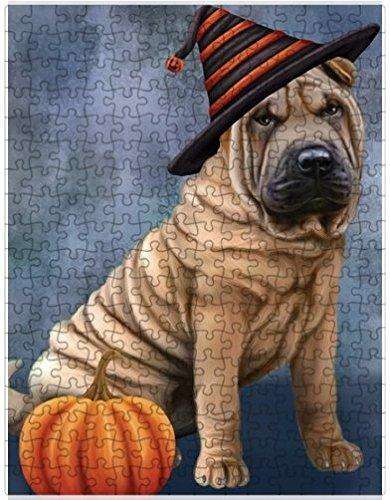 Happy Halloween Shar Pei Dog Wearing Witch Hat with Pumpkin Puzzle with Photo Tin