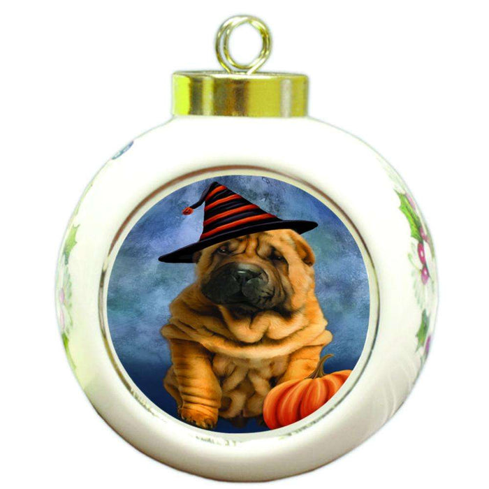 Happy Halloween Shar Pei Dog Wearing Witch Hat with Pumpkin Round Ball Christmas Ornament RBPOR54907
