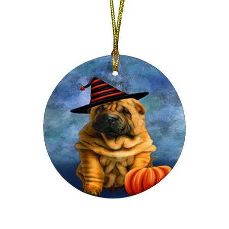 Happy Halloween Shar Pei Dog Wearing Witch Hat with Pumpkin Round Flat Christmas Ornament RFPOR54898