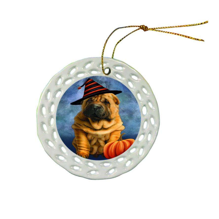 Happy Halloween Shar Pei Dog Wearing Witch Hat with Pumpkin Star Porcelain Ornament SPOR54898