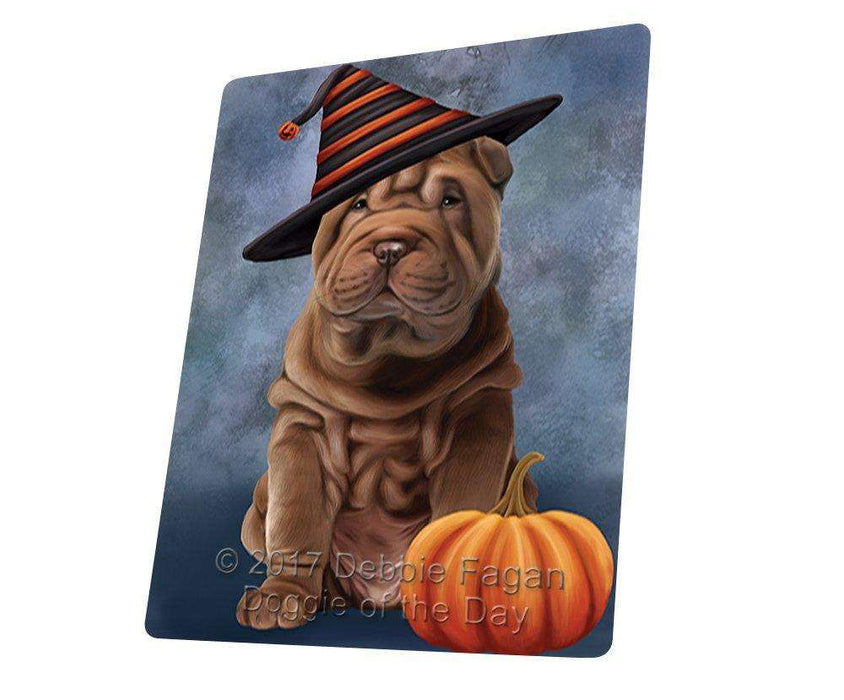 Happy Halloween Shar Pei Dog Wearing Witch Hat with Pumpkin Tempered Cutting Board
