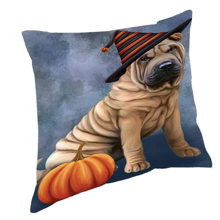 Happy Halloween Shar Pei Dog Wearing Witch Hat with Pumpkin Throw Pillow