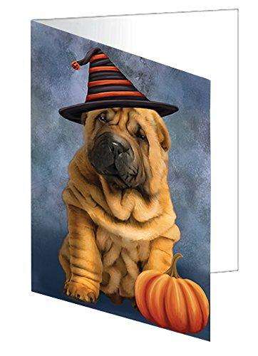 Happy Halloween Shar Pei Puppy Dog Wearing Witch Hat with Pumpkin Handmade Artwork Assorted Pets Greeting Cards and Note Cards with Envelopes for All Occasions and Holiday Seasons D088