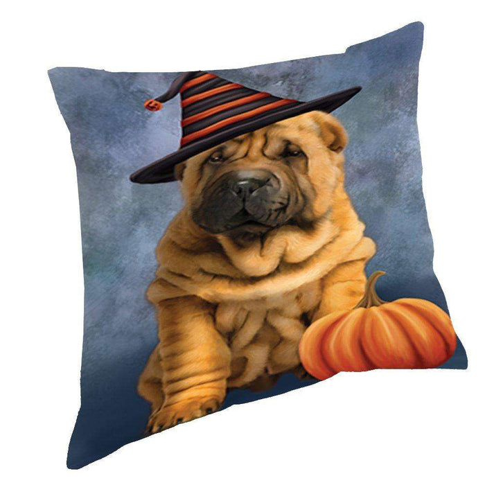 Happy Halloween Shar Pei Puppy Dog Wearing Witch Hat with Pumpkin Throw Pillow D159