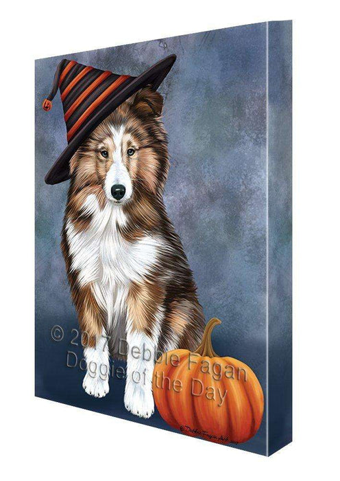 Happy Halloween Shetland Sheepdog Dog Wearing Witch Hat with Pumpkin Canvas Wall Art