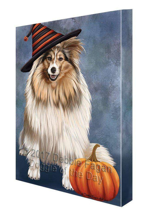 Happy Halloween Shetland Sheepdog Dog Wearing Witch Hat with Pumpkin Canvas Wall Art