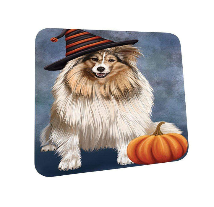 Happy Halloween Shetland Sheepdog Dog Wearing Witch Hat with Pumpkin Coasters Set of 4