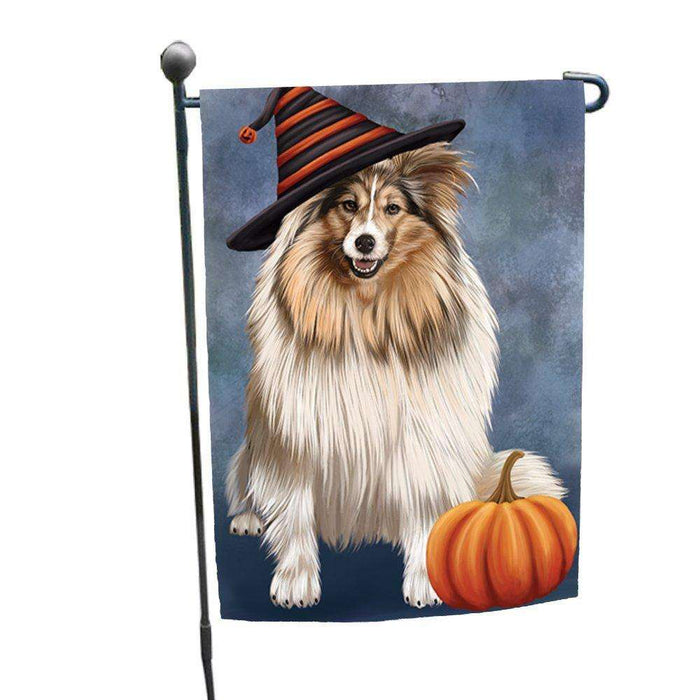 Happy Halloween Shetland Sheepdog Dog Wearing Witch Hat with Pumpkin Garden Flag