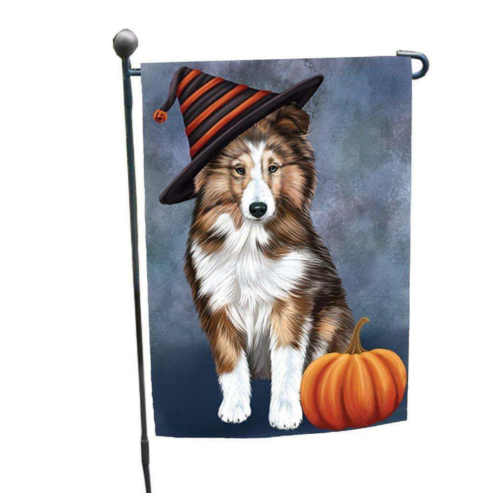 Happy Halloween Shetland Sheepdog Dog Wearing Witch Hat with Pumpkin Garden Flag