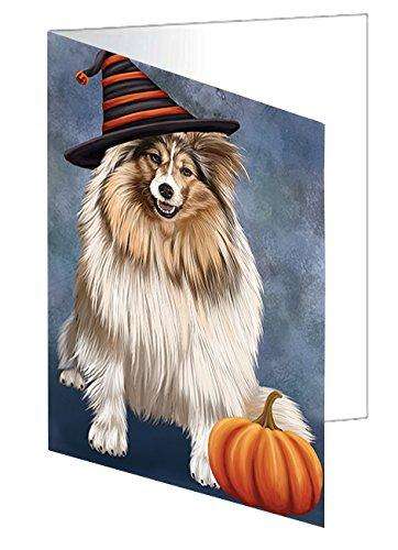 Happy Halloween Shetland Sheepdog Dog Wearing Witch Hat with Pumpkin Handmade Artwork Assorted Pets Greeting Cards and Note Cards with Envelopes for All Occasions and Holiday Seasons