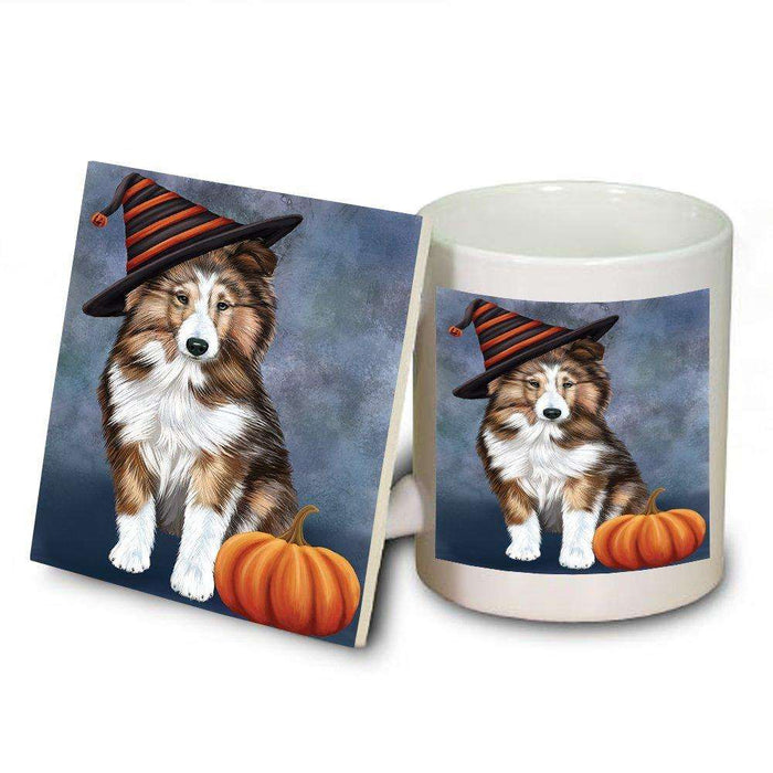 Happy Halloween Shetland Sheepdog Dog Wearing Witch Hat with Pumpkin Mug and Coaster Set