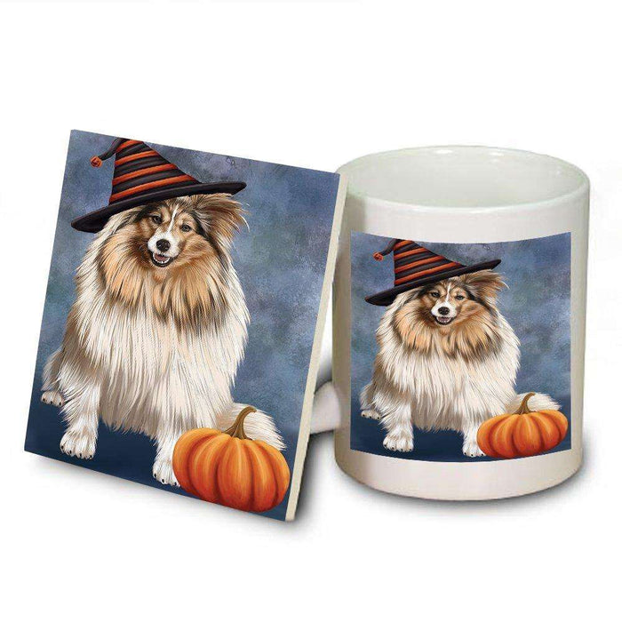 Happy Halloween Shetland Sheepdog Dog Wearing Witch Hat with Pumpkin Mug and Coaster Set