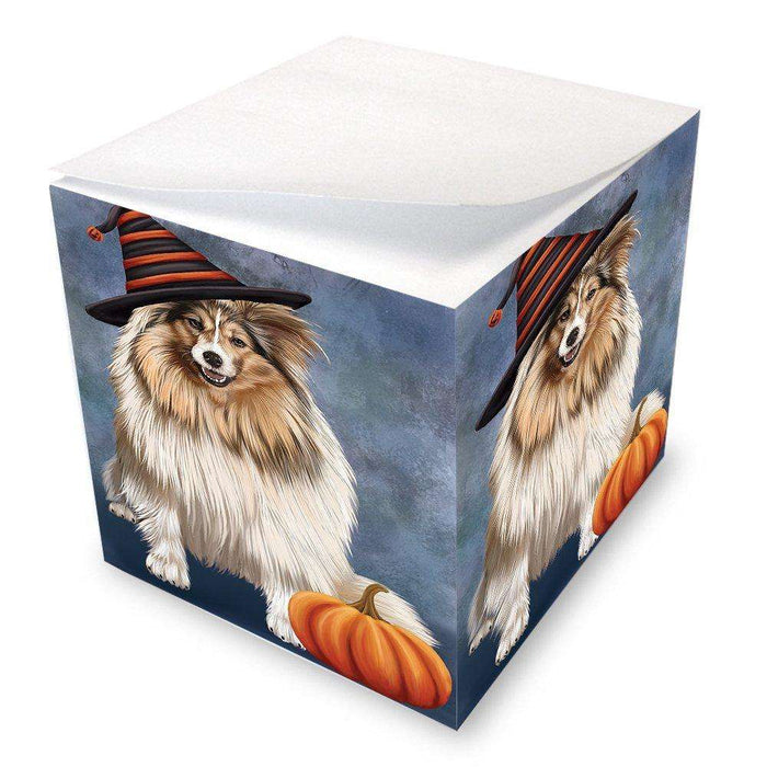 Happy Halloween Shetland Sheepdog Dog Wearing Witch Hat with Pumpkin Note Cube