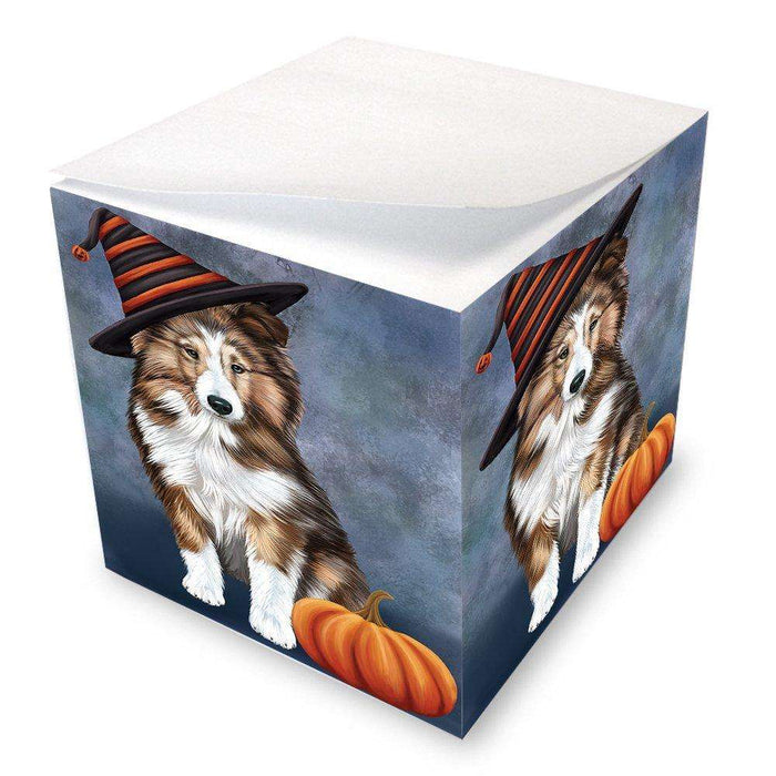 Happy Halloween Shetland Sheepdog Dog Wearing Witch Hat with Pumpkin Note Cube