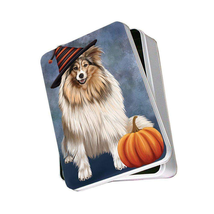 Happy Halloween Shetland Sheepdog Dog Wearing Witch Hat with Pumpkin Photo Storage Tin