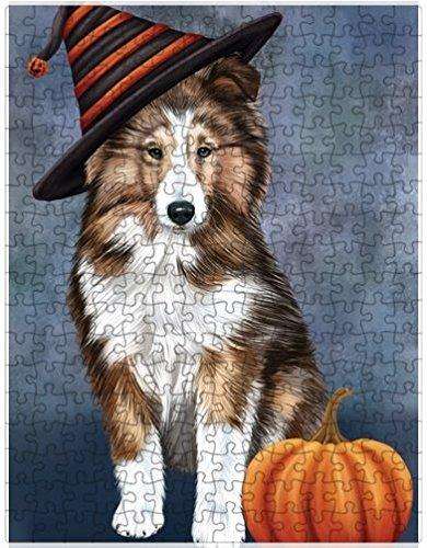 Happy Halloween Shetland Sheepdog Dog Wearing Witch Hat with Pumpkin Puzzle with Photo Tin