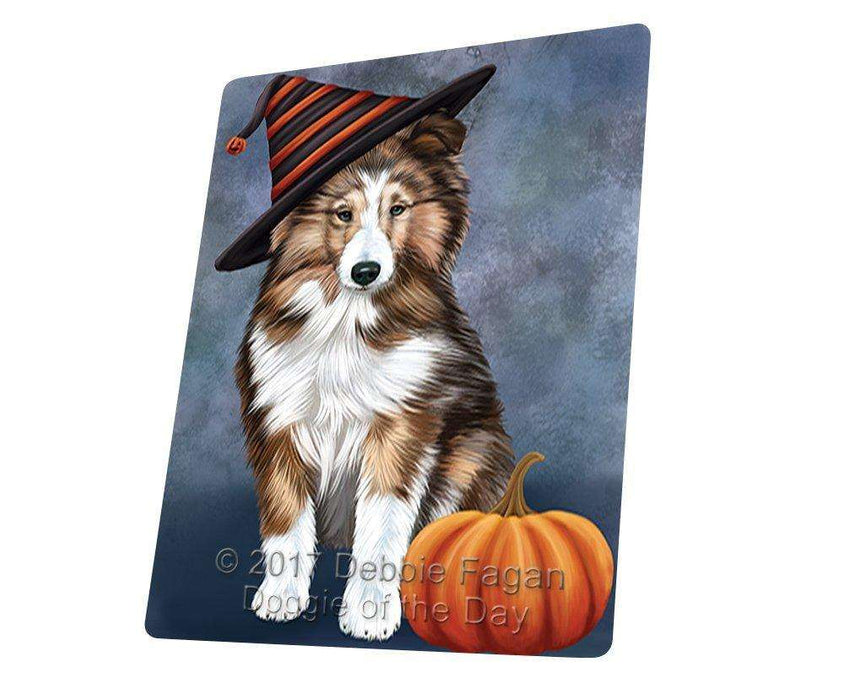 Happy Halloween Shetland Sheepdog Dog Wearing Witch Hat with Pumpkin Tempered Cutting Board