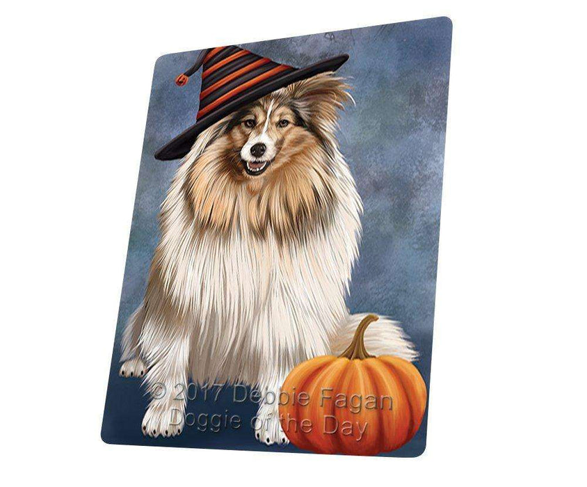Happy Halloween Shetland Sheepdog Dog Wearing Witch Hat with Pumpkin Tempered Cutting Board