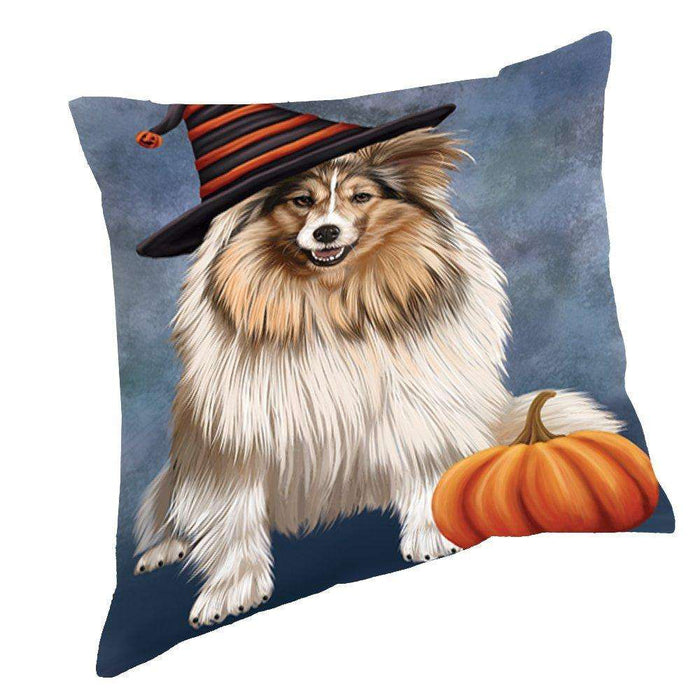 Happy Halloween Shetland Sheepdog Dog Wearing Witch Hat with Pumpkin Throw Pillow
