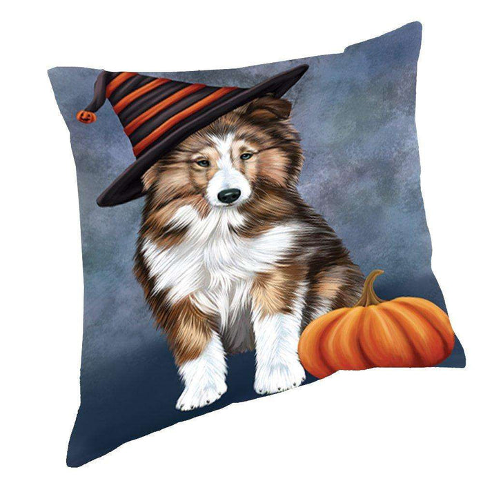 Happy Halloween Shetland Sheepdog Dog Wearing Witch Hat with Pumpkin Throw Pillow