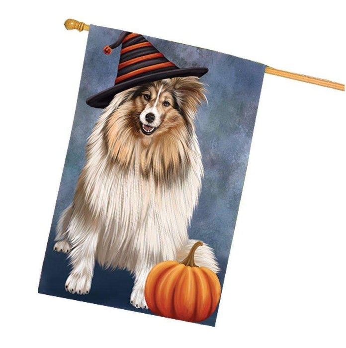 Happy Halloween Shetland Sheepdogs Dog Wearing Witch Hat with Pumpkin House Flag