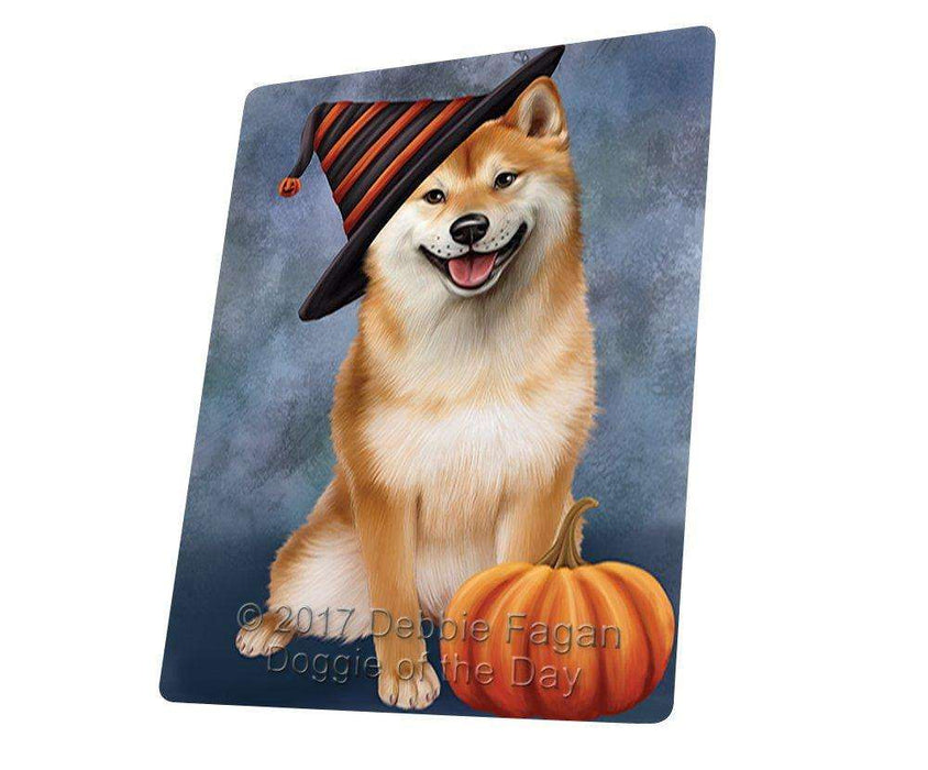Happy Halloween Shiba Inu Dog Wearing Witch Hat with Pumpkin Art Portrait Print Woven Throw Sherpa Plush Fleece Blanket
