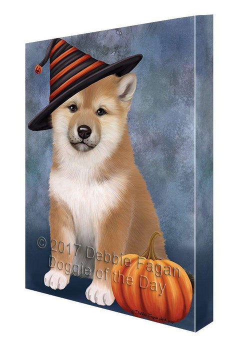 Happy Halloween Shiba Inu Dog Wearing Witch Hat with Pumpkin Canvas Wall Art