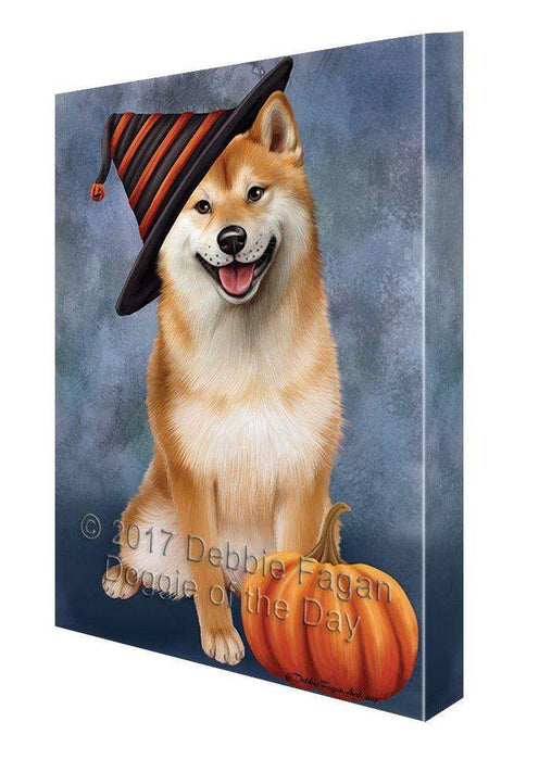 Happy Halloween Shiba Inu Dog Wearing Witch Hat with Pumpkin Canvas Wall Art