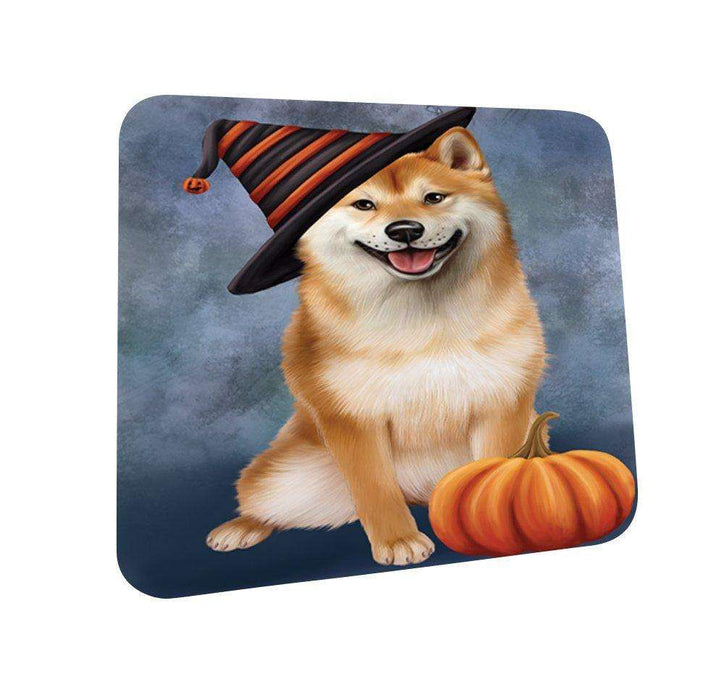 Happy Halloween Shiba Inu Dog Wearing Witch Hat with Pumpkin Coasters Set of 4