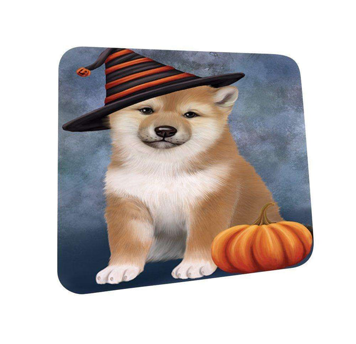 Happy Halloween Shiba Inu Dog Wearing Witch Hat with Pumpkin Coasters Set of 4