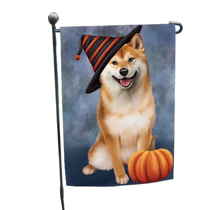 Happy Halloween Shiba Inu Dog Wearing Witch Hat with Pumpkin Garden Flag