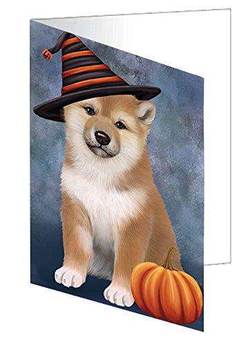 Happy Halloween Shiba Inu Dog Wearing Witch Hat with Pumpkin Handmade Artwork Assorted Pets Greeting Cards and Note Cards with Envelopes for All Occasions and Holiday Seasons