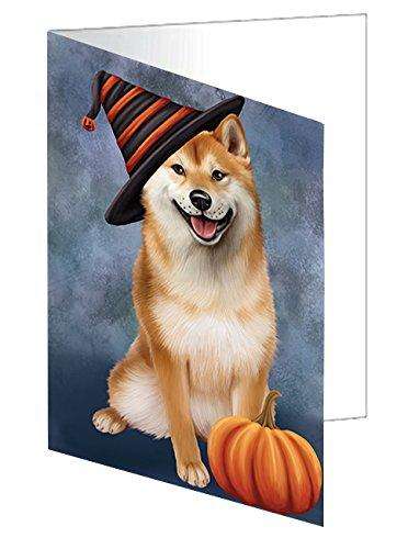 Happy Halloween Shiba Inu Dog Wearing Witch Hat with Pumpkin Handmade Artwork Assorted Pets Greeting Cards and Note Cards with Envelopes for All Occasions and Holiday Seasons