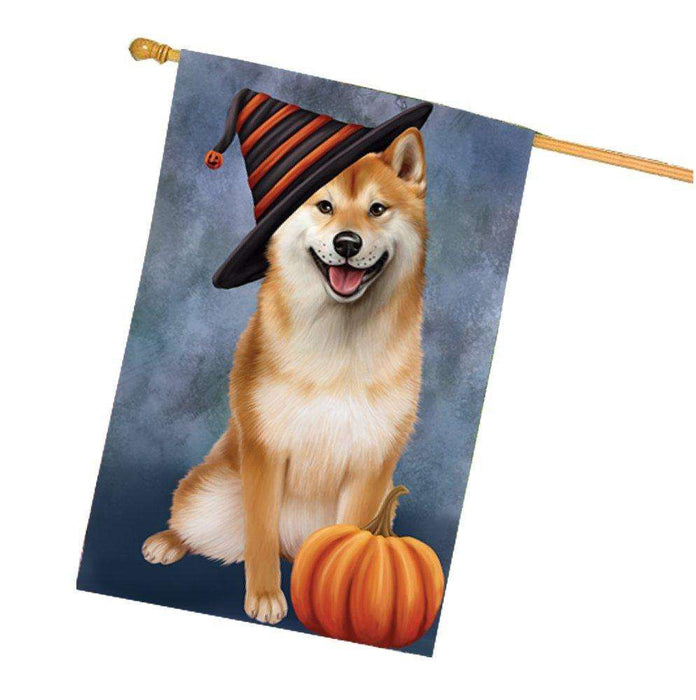 Happy Halloween Shiba Inu Dog Wearing Witch Hat with Pumpkin House Flag