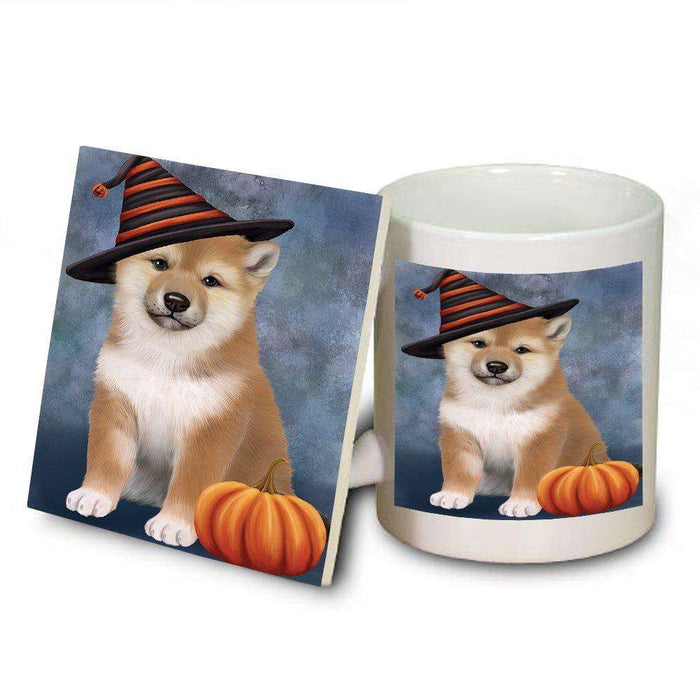 Happy Halloween Shiba Inu Dog Wearing Witch Hat with Pumpkin Mug and Coaster Set