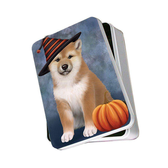 Happy Halloween Shiba Inu Dog Wearing Witch Hat with Pumpkin Photo Storage Tin