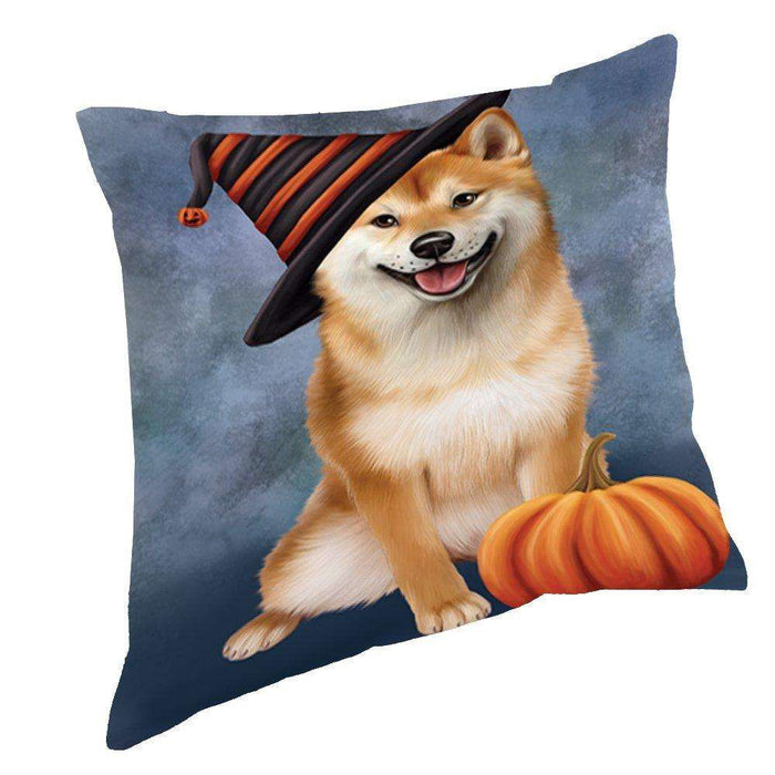 Happy Halloween Shiba Inu Dog Wearing Witch Hat with Pumpkin Throw Pillow