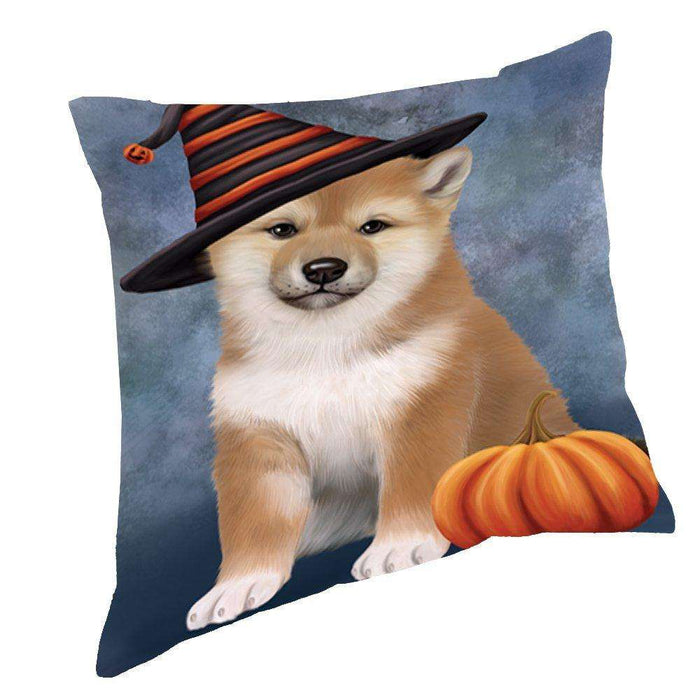 Happy Halloween Shiba Inu Dog Wearing Witch Hat with Pumpkin Throw Pillow