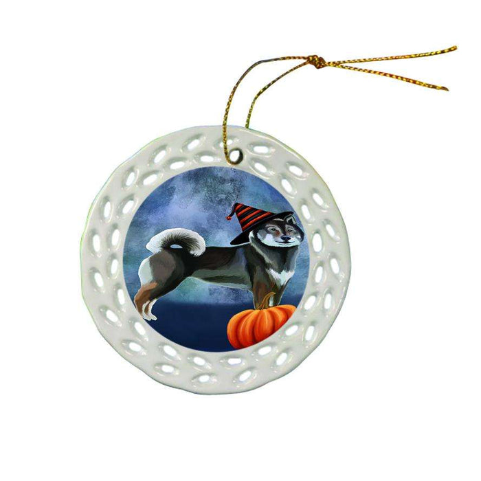 Happy Halloween Shikoku Dog Wearing Witch Hat with Pumpkin Ceramic Doily Ornament DPOR55055