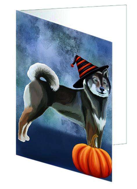 Happy Halloween Shikoku Dog Wearing Witch Hat with Pumpkin Handmade Artwork Assorted Pets Greeting Cards and Note Cards with Envelopes for All Occasions and Holiday Seasons GCD68810