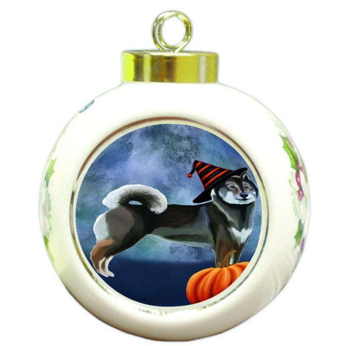 Happy Halloween Shikoku Dog Wearing Witch Hat with Pumpkin Round Ball Christmas Ornament RBPOR55055