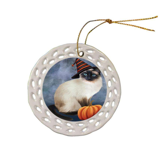 Happy Halloween Siamese Cat Wearing Witch Hat with Pumpkin Ceramic Doily Ornament DPOR54870