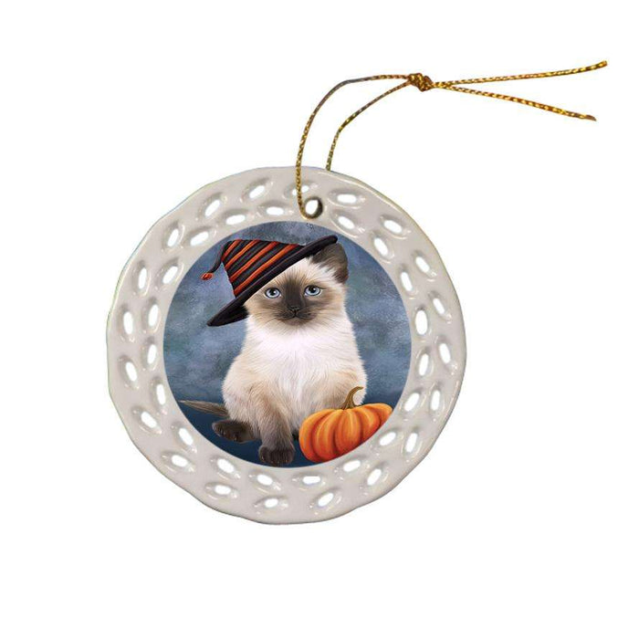 Happy Halloween Siamese Cat Wearing Witch Hat with Pumpkin Ceramic Doily Ornament DPOR54871