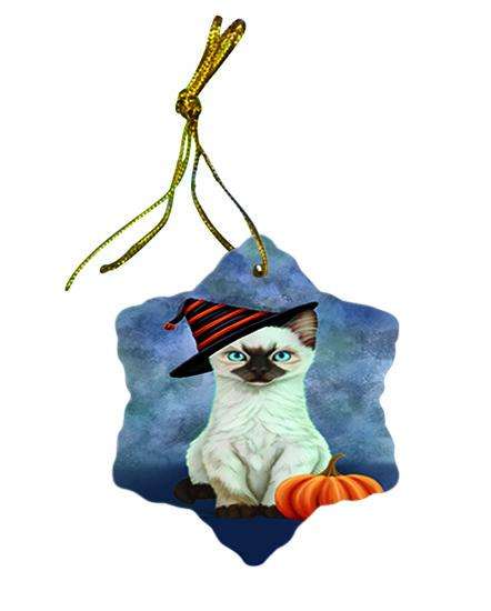Happy Halloween Siamese Cat Wearing Witch Hat with Pumpkin Ceramic Doily Ornament DPOR54908