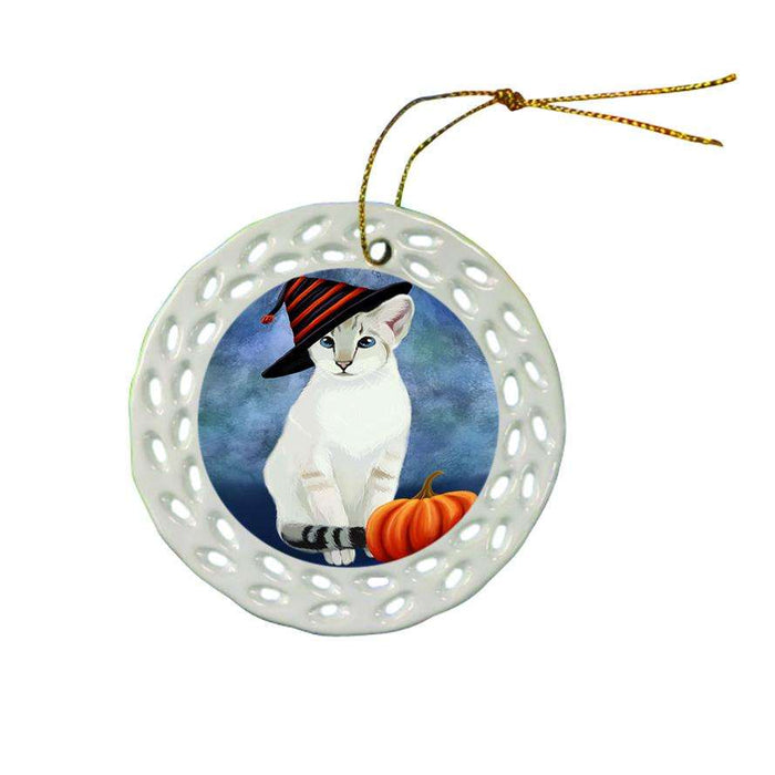 Happy Halloween Siamese Cat Wearing Witch Hat with Pumpkin Ceramic Doily Ornament DPOR55038