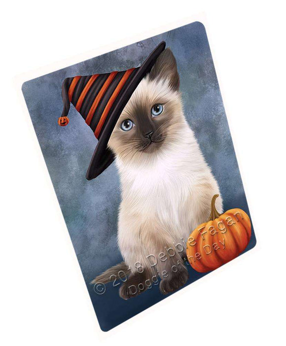 Happy Halloween Siamese Cat Wearing Witch Hat with Pumpkin Cutting Board C69057