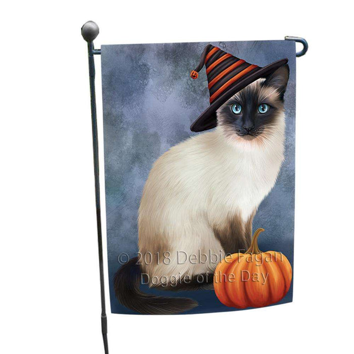 Happy Halloween Siamese Cat Wearing Witch Hat with Pumpkin Garden Flag GFLG54932