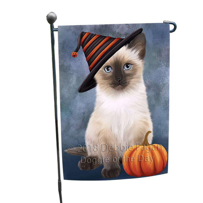 Happy Halloween Siamese Cat Wearing Witch Hat with Pumpkin Garden Flag GFLG54933