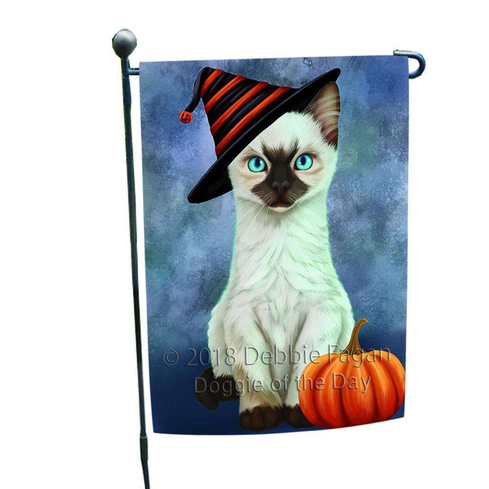 Happy Halloween Siamese Cat Wearing Witch Hat with Pumpkin Garden Flag GFLG54970