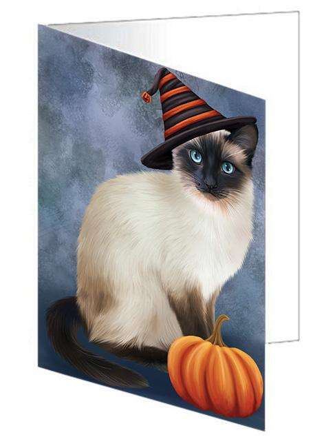 Happy Halloween Siamese Cat Wearing Witch Hat with Pumpkin Handmade Artwork Assorted Pets Greeting Cards and Note Cards with Envelopes for All Occasions and Holiday Seasons GCD68639